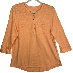 Chicos The Ultimate Tee Henley Top Orange Slub Knit 3/4 Sleeve Size 2 Large